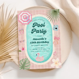Retro-Rosa-Sommer-Poolparty-Geburtstagseinladung Einladung