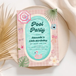 Retro-Rosa-Sommer-Poolparty-Geburtstagseinladung Einladung