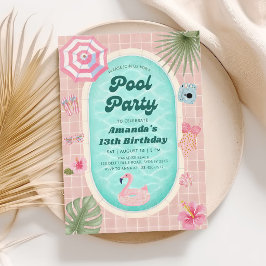 Retro-Rosa-Sommer-Poolparty-Geburtstagseinladung Einladung