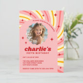 Retro Rosa Sonnenaufgang Rote Sterne Erzgeburt Geb Einladung (Stehend Vorderseite)