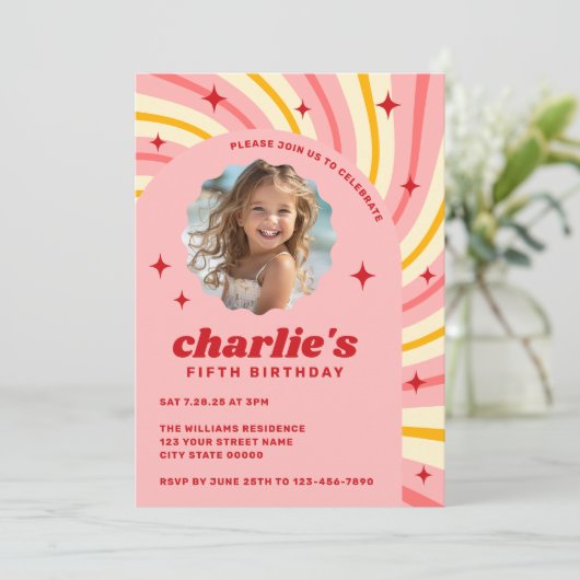 Retro Rosa Sonnenaufgang Rote Sterne Erzgeburt Geb Einladung (Stehend Vorderseite)