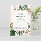 Retro rosa Streifen Palm Beach Baby Dusche Einladung (Stehend Vorderseite)
