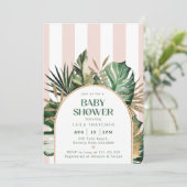 Retro rosa Streifen Palm Beach Babydusche Einladung (Stehend Vorderseite)