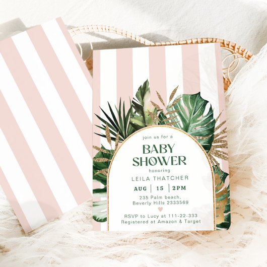Retro rosa Streifen Palm Beach Babydusche Einladung