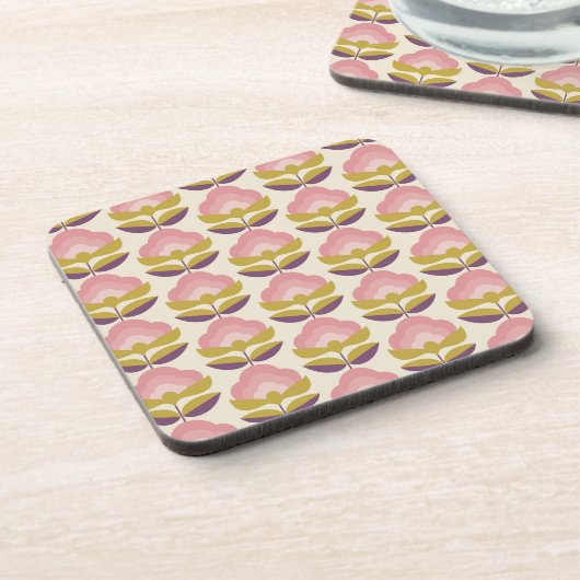 Retro rosa u. lila Blumenmuster Getränkeuntersetzer (Linke Seite)