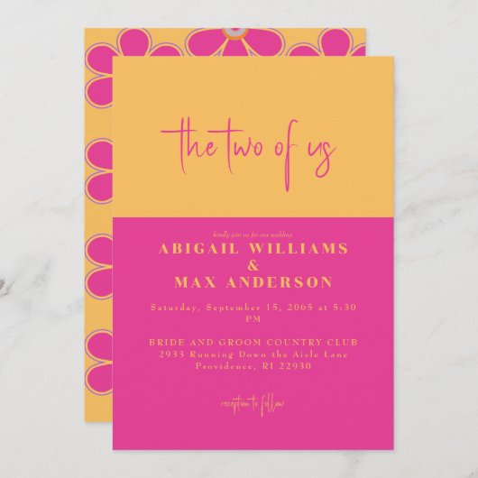 Retro Rosa und Gelbe Blüte Die beiden von uns Hoch Einladung (Vorne/Hinten)