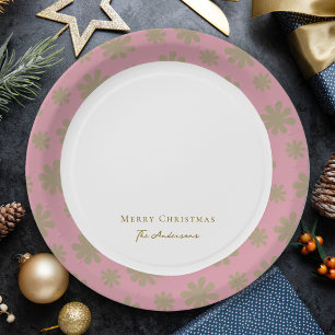 Retro Rosa und Gold Floral Frohe Weihnachten Party Pappteller