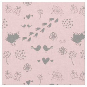 Retro rosa und graues Muster von Vögeln, Punkten, Stoff