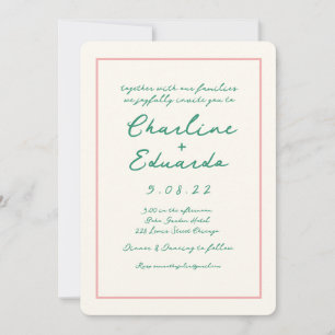 Retro Rosa und Grün Handgeschriebene Hochzeit Einladung