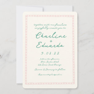 Retro-Rosa- und Grün-Schrift Hochzeit Einladung
