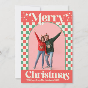 Retro-Rosa- und Grün-Weihnachts-Karo-Flachkarte Feiertagskarte