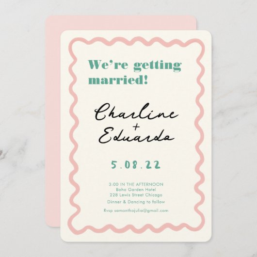 Retro-Rosa- und Grünhandschrift-Hochzeit Einladung (Vorne/Hinten)