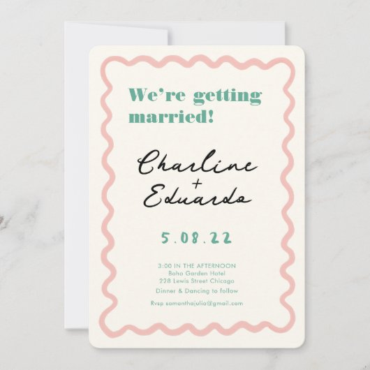 Retro-Rosa- und Grünhandschrift-Hochzeit Einladung (Vorderseite)