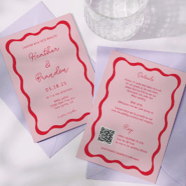 Retro Rosa und Red Wave Wedding QR Einladungen