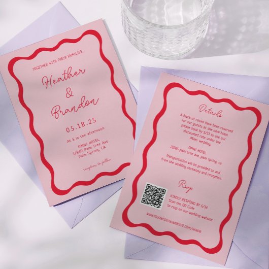 Retro Rosa und Red Wave Wedding QR Einladungen