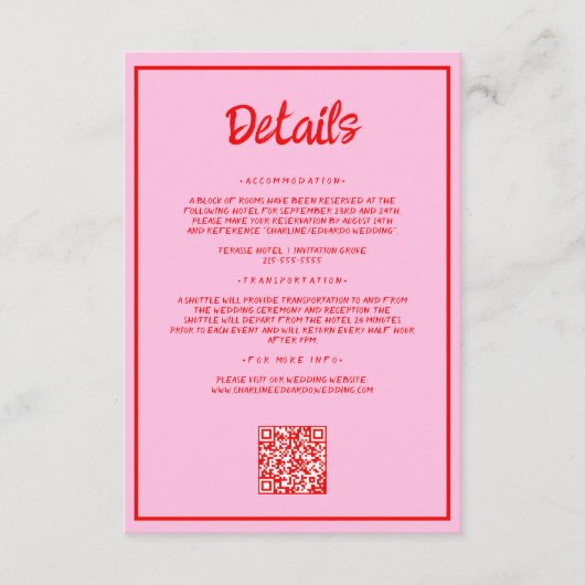 Retro Rosa und Red Wavy Handwriting Hochzeit Detai Begleitkarte (Vorderseite)