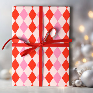 Retro-Rosa und Rot Handgezeichnetes Diamantmuster Geschenkpapier