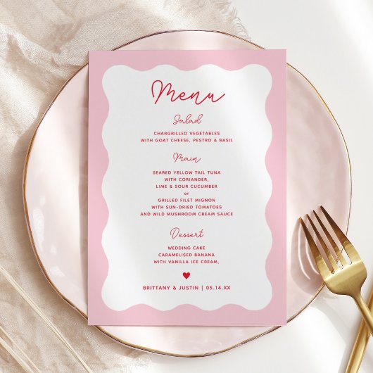 Retro Rosa und Rot Moderne Wavy Wedding Menu Cards Menükarte