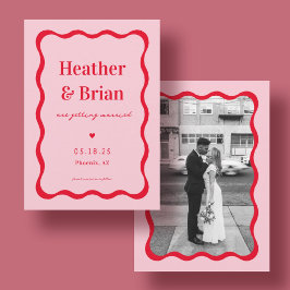 Retro-Rosa- und Rot-Squiggle-Foto Hochzeit Save The Date