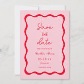 Retro-Rosa- und Rot-Squiggle-Hochzeit speichern Si Save The Date (Vorderseite)