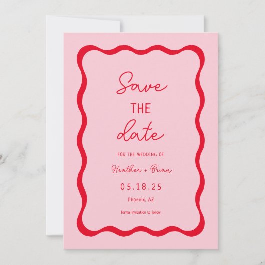 Retro-Rosa- und Rot-Squiggle-Hochzeit speichern Si Save The Date (Vorderseite)