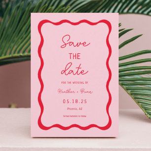 Retro-Rosa- und Rot-Squiggle-Hochzeit speichern Si Save The Date