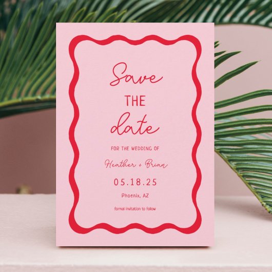 Retro-Rosa- und Rot-Squiggle-Hochzeit speichern Si Save The Date