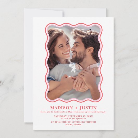 Retro Rosa und Rot Wave Picture Frame Wedding Einladung (Vorderseite)