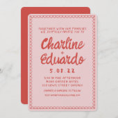 Retro-Rosa- und Rot-Wavy-Handschrift Einladung (Vorne/Hinten)