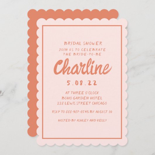 Retro Rosa und Rote Handschrift Brautparty Invii Einladung (Vorne/Hinten)