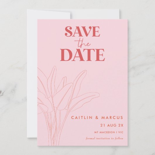 Retro Rosa und Rote Palme Hochzeit Speichern Sie d Einladung (Vorderseite)