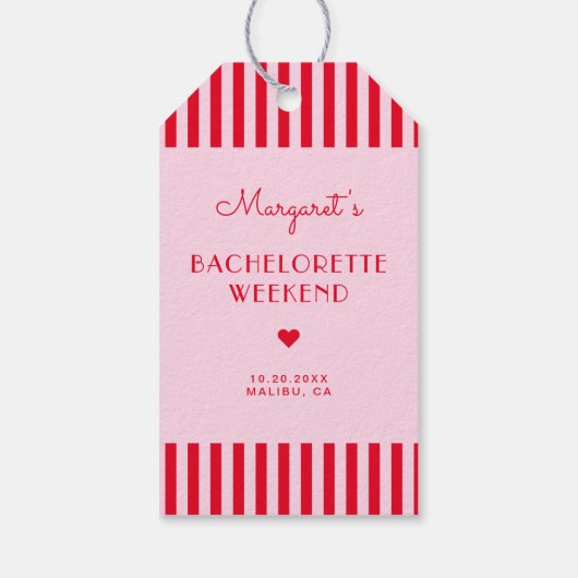 Retro Rosa und Rote Streifen Bachelorette Wochenen Geschenkanhänger (Rückseite)
