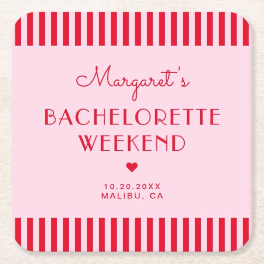 Retro Rosa und Rote Streifen Bachelorette Wochenen Rechteckiger Pappuntersetzer (Vorderseite)