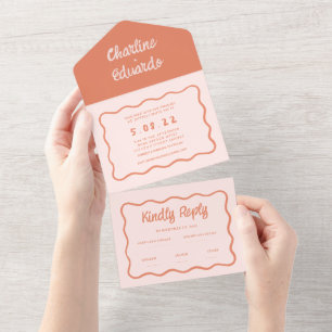 Retro Rosa und Rote Wellig Schrift Hochzeit All In One Einladung