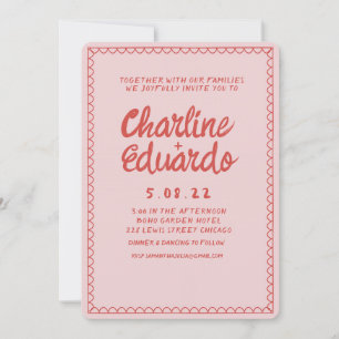 Retro Rosa und Rote Wellige Handschrift Hochzeit Einladung
