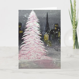 Retro rosa Weihnachtsbaum auf einem Stadtplatz Feiertagskarte