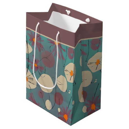 Retro-Rosa-weiße Blume mittelgroße Geschenktüte (Vorderseite Schrägansicht)