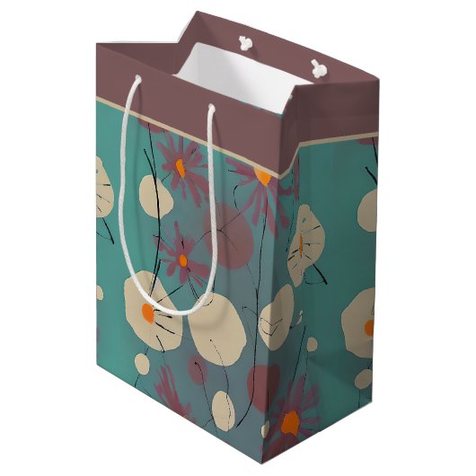 Retro-Rosa-weiße Blume mittelgroße Geschenktüte (Rückseite Schrägansicht)