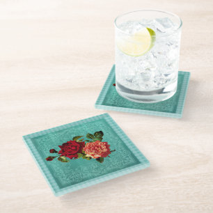 Retro-Rose Blaues Vintages Land Glasuntersetzer