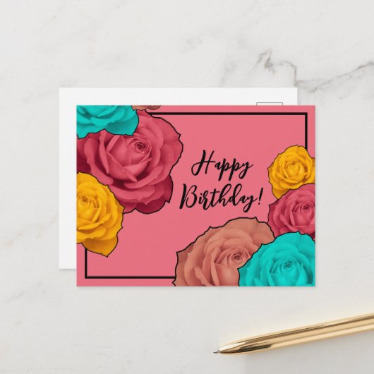 Retro-Rose zum Geburtstag glücklich Postkarte (Vorderseite/Rückseite Beispiel)