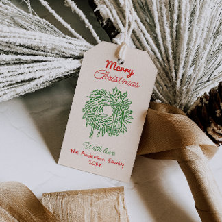 Retro-Rot-Grüne-Gezeichnete-Schleifen-Weihnachtskr Geschenkanhänger