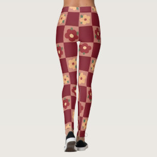 Retro-Rot-Karo-Blumenmuster Leggings