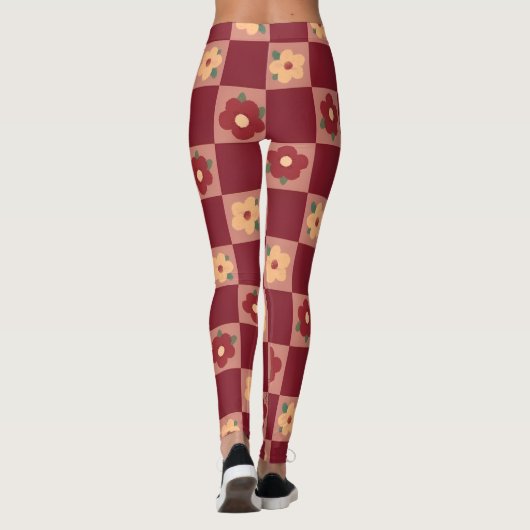 Retro-Rot-Karo-Blumenmuster Leggings (Rückseite)