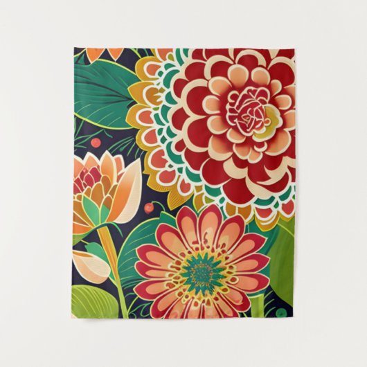 Retro Rot, Orange, Grüne Blüte, Boho, Hippie Wandteppich (Vorderseite)