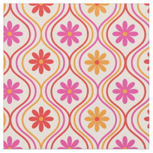 Retro-Rot-Pink-Orange-Blumen auf Ogee-Muster Stoff