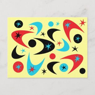 Retro Rot Schwarz & Aqua Sternenexplosion Bumerang Postkarte