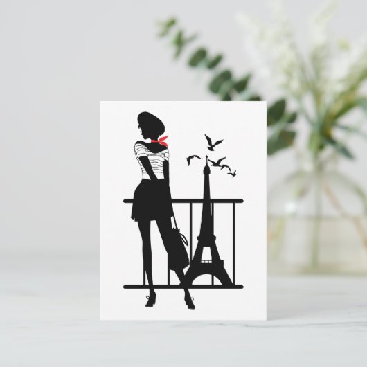 Retro-Rot-Silhouette mit Eiffelturm Postkarte (Stehend Vorderseite)