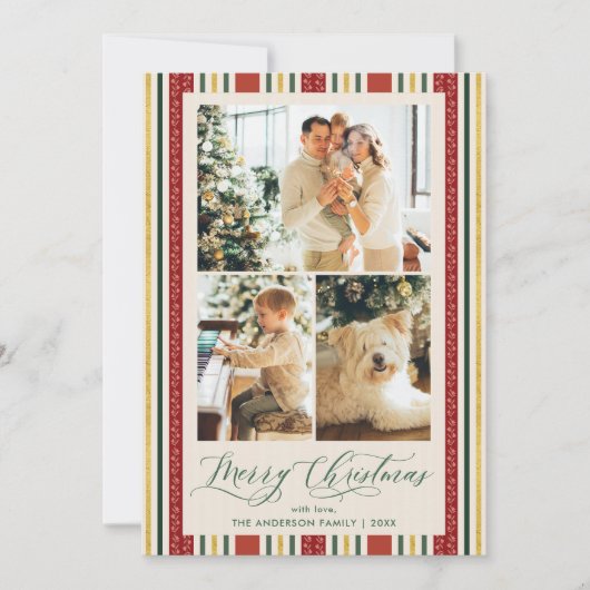 Retro Rot und Gold Streifen Frohe Weihnachten 3 Fo (Vorderseite)