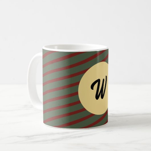 Retro rot und grün gestreift Custom Mit Monogramm Kaffeetasse (Vorderseite Links)
