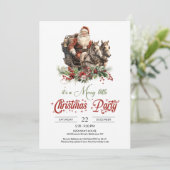 Retro Rot und Grün Santa mit Pferd gezeichnet Schl Einladung (Stehend Vorderseite)